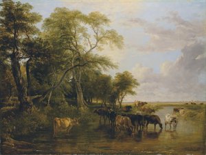 A Woody River Scene, With Cows Watering — Frederick Richard Lee