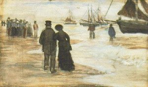 Beach With People Walking And Boats — Vincent Willem Van Gogh, Post-impressionism