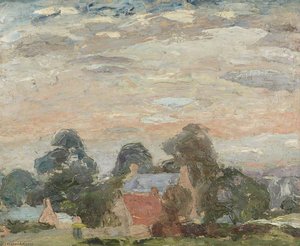Landscape With Cottages Among Trees, Pink Sky — Sir William George Gillies, Cubism