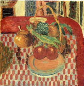 Basket And Plate Of Fruit On A Red Checkered Tablecloth — Pierre Bonnard, Post-impressionistic Still Life