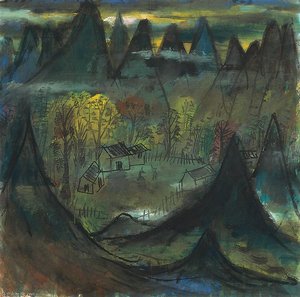Village In Mountains — Lin Fengmian Flying Geese Over The Lotus Pond