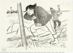 Walking Over Muddy Ground, Central Utah Relocation Project, Topaz, Utah, 1942-1944 — Miné Okubo
