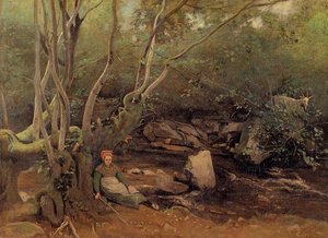 Lormes - Shepherdess Sitting Under Trees Beside A Stream — Jean-baptiste-camille Corot