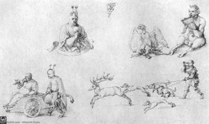 Study Sheet With Fools, Faun, Phoenix And Deer Hunting — Albrecht Dürer