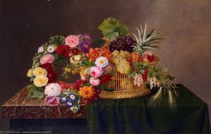 Still Life With A Basket Of Fruit And A Wreath Of Asters, Dahlias, Day Lillies And Morning Glories — Johan Laurentz Jensen
