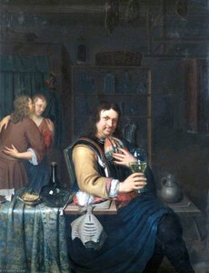 Interior With A Cavalier Drinking And A Couple Embracing — Willem Van Mieris