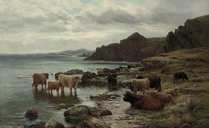 Highland Cattle Watering At A Loch — Louis Bosworth Hurt