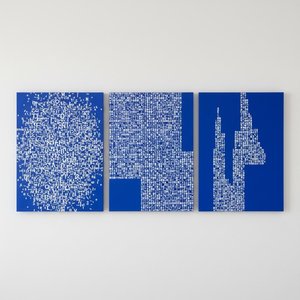 Triptych Echoes Of Digital Syntax: A Study In Structured Blue Overload — Laurent Vionnet, Minimalist Art