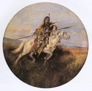 Indian On White Horse With Spear — Charles Marion Russell