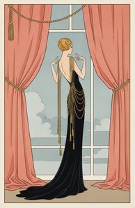 Salmon Pink Drapery Framing A Navy Silhouette By The Window — Valentin Laurent De Courcey