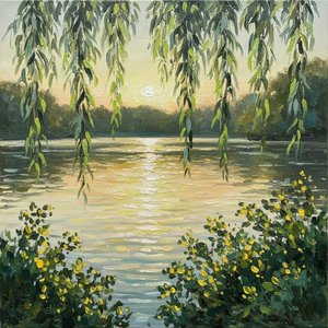 Golden Radiance Through Weeping Willow: A Singular Impression Of Serene Botanical Light — Christian Noiret, Contemporary Abstract