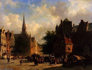 Market Day In A Dutch Town With Numerous Figures Conversing In A Square With Stalls — Cornelis Springer