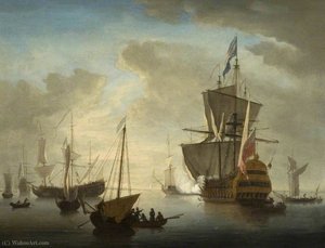 A British Man O' War Firing A Salute — Peter Monamy