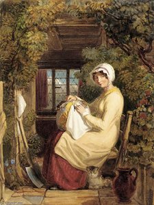 A Woman Seated In A Doorway Making Lace With A Cat At Her Feet