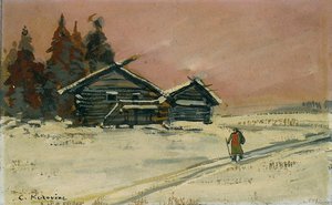 Winter Landscape With Two Wooden Huts — Konstantin Alexeievitch Korovin