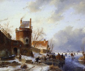 Scaters On Frozen River Sun — Andreas Schelfhout, Romanticism