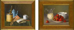 Still Life with Blue Coffee Pot and Strawberries and Cream Two Paintings