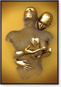 Embracing Figures Sculpture – Gold Metal Wall Art, Art Deco Modern Abstract Sculptural Design This