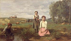Children At The Edge Of A Stream In The Countryside Near Lormes — Jean-baptiste-camille Corot