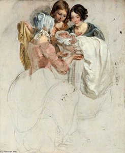 A Girl And Two Women, Standing And Holding A Baby — George Harvey