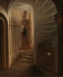 Portal of a stairway tower, with a man descending the stairs: presumably the moment before the assassination of William the Silent in the Ptinsenhof, Delft, Egbert Lievensz. van der Poel (attributed to), 1640 - 1664