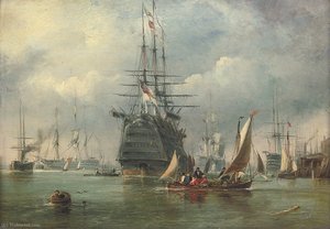 A large First Rate and other warships lying in the harbour at Portsmouth