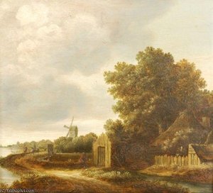 A River Landscape With Fishermen On The Riverbank — Cornelius Decker