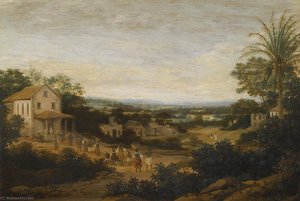 A Landscape In Brazil Looking Down On The Varzea, Europeans And Natives Approaching A Church In The Foreground — Frans Jansz Post