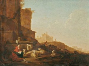 A Shepherdess With Sheep Beneath The Walls Of Rome, Other Figures And Buildings Beyond — Willem Romeijn