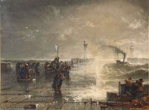 A Blustery Day With Figures On A Jetty With Lighthouse Looking Out To Sea — Edwin Ellis