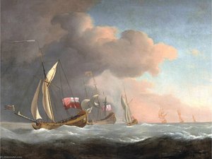 English Royal Yachts At Sea In A Strong Breeze, In Company With A Ship Flying The Royal Standard — Willem Van De Velde El Joven, Dutch Golden Age