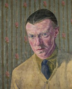 Portrait Of A Man Wearing Green Shirt And Tie Against Striped Wall (dickie) — Robert Polhill Bevan
