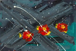 Kinetische Fragmente Von Karmesin Und Holzkohle In Einer Spontanen Abstrakten Komposition — Laurent Lefèvre