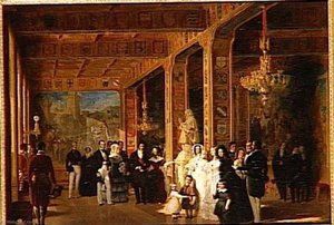 LOUIS PHILIPPE, LA REINE, LE ROI LEOPOLD 1ER ET LA REINE DES BELGES, VISITANT LA GRANDE SALLE DES CROISADES.JUILLET 1844