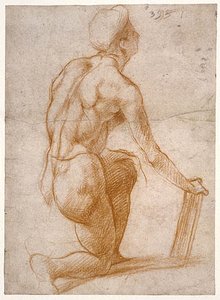 A Kneeling Figure With A Sketch Of A Face (study) — Andrea Del Sarto