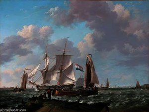 Ships in a squall with figures on the shore