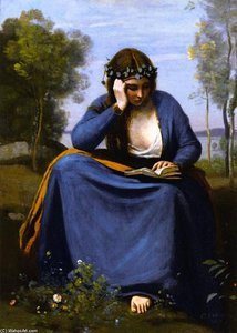 Mujer Coronada Con Flores Leyendo (también Conocida Como La Musa De Virgilio) — Jean-baptiste-camille Corot