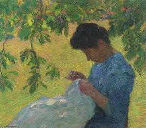 Young Woman Sewing In The Garden — Henri Jean Guillaume Martin, Impressionism