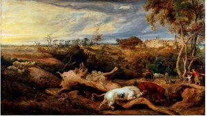 Bulls Fighting, With A View Of Donatt's Castle, Glamorganshire — James Ward
