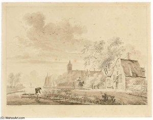 A Village By A River, With A Cart On A Path