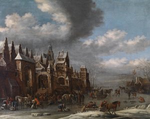 Winter Landscape With Horses, Sleighs And Skaters In Front Of A Fortified Town, — Thomas Heeremans