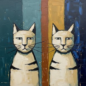Symmetrical Echoes In Impasto: A Monumental Study Of Twin Feline Serenity — Christian Noiret