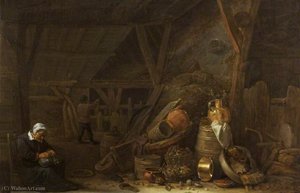A Barn With A Still Life Of Kitchen Utensils And A Sleeping Cook — Herman Saftleven
