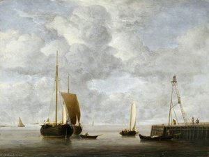 A Dutch Hoeker At Anchor Near A Pier — Willem Van De Velde The Elder, Golden Age Dutch