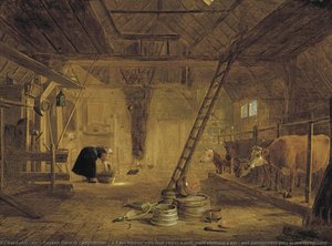 A barn interior with four cows, a milk maid cleaning a pot, and earthenware pots in the foreground