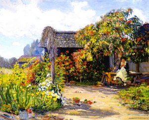 Woman Seated In The Garden Sewing — Joseph Kleitsch