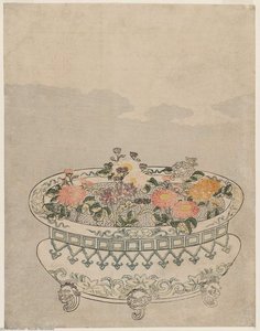 Potted Chrysanthemums And Full Moon — Suzuki Harunobu