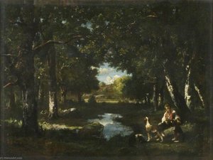 Man And Dog Resting In Forest Glade — Narcisso Díaz De La Peña
