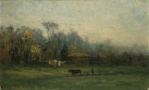 Untitled (landscape With Man Plowing Fields), (painting) — Edward Mitchell Bannister