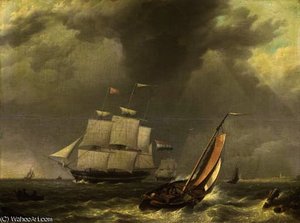 A frigat under sail by a coast